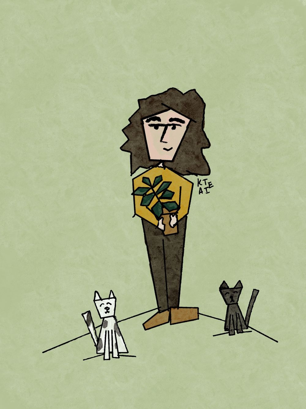 Simple cartoon drawing of a figure standing between two cats on a mint green background.