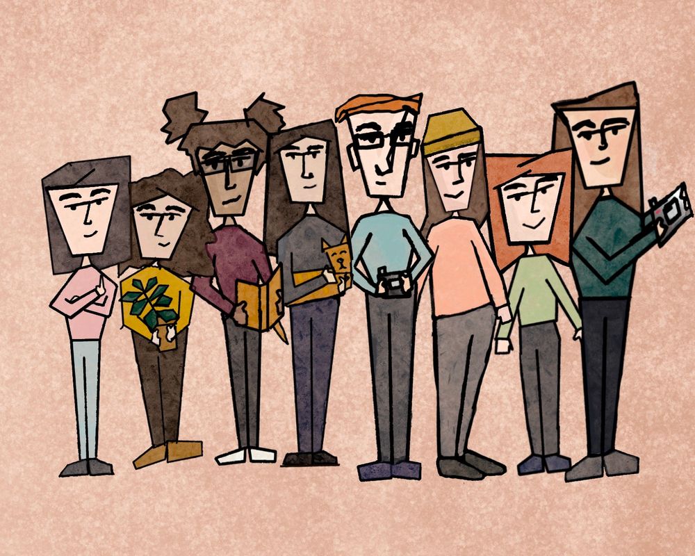 Line art illustration of seven figures standing in a row against a pink background.