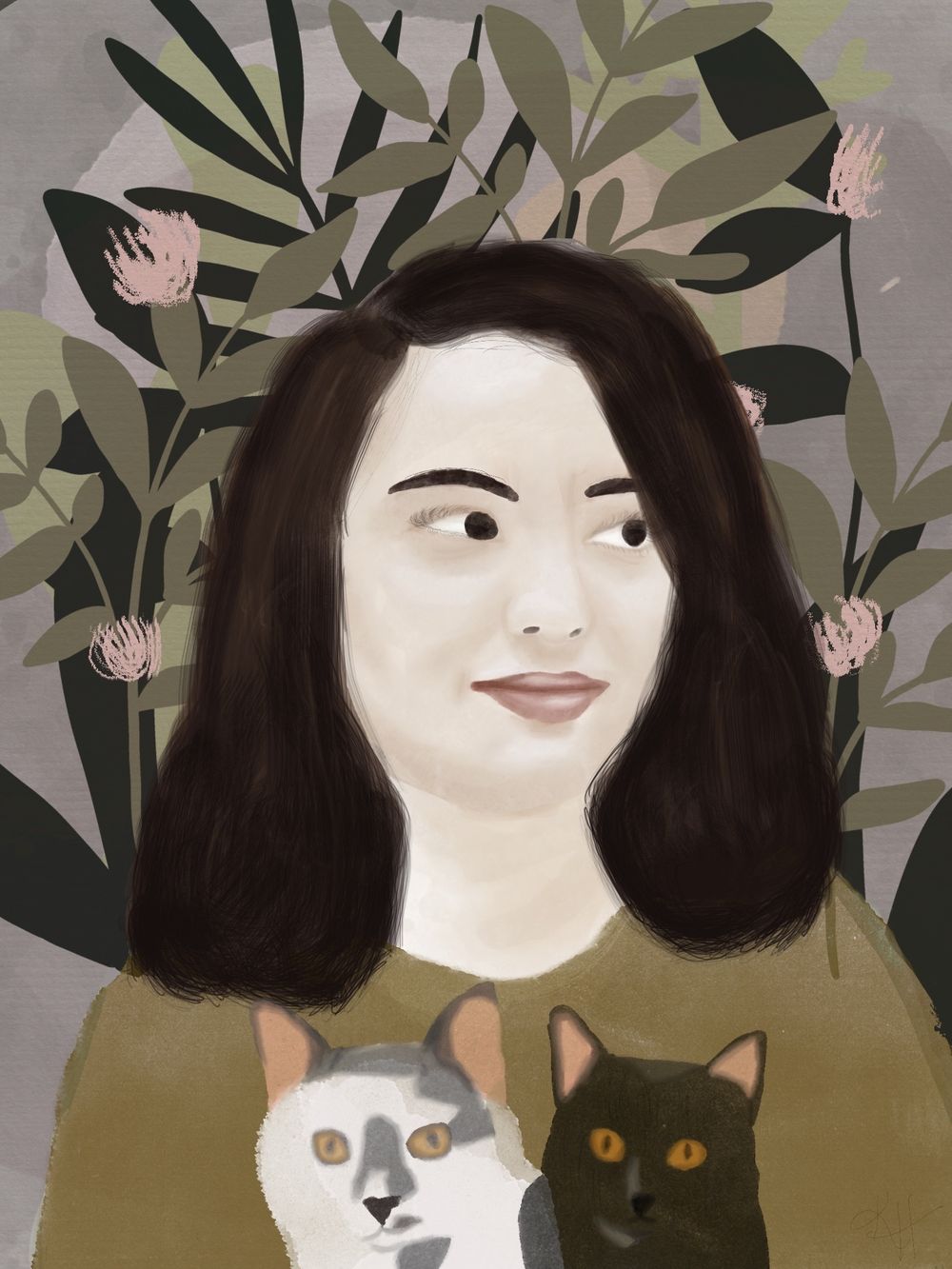 Digital portrait with floral background featuring cats against foliage.