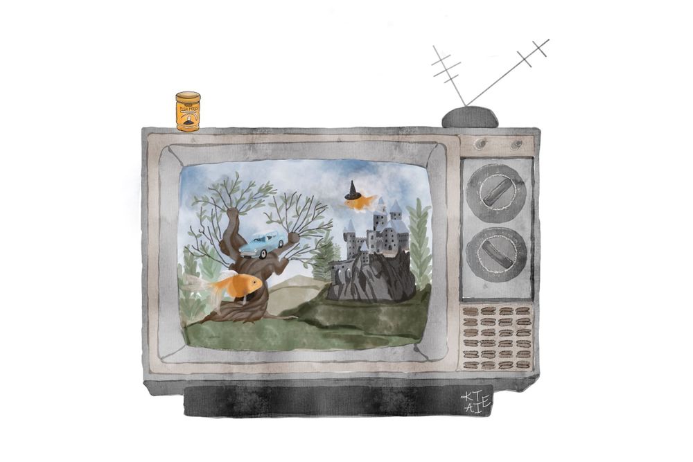 Watercolor illustration of a vintage TV showing a whimsical castle and flying bird scene.