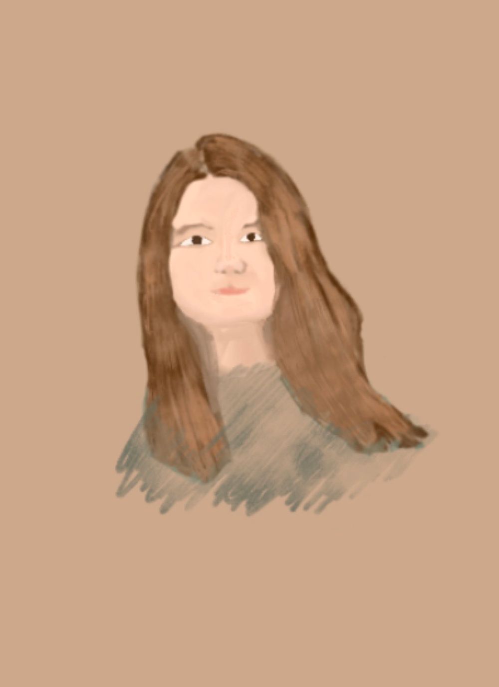Simple portrait sketch with long brown hair against beige background.