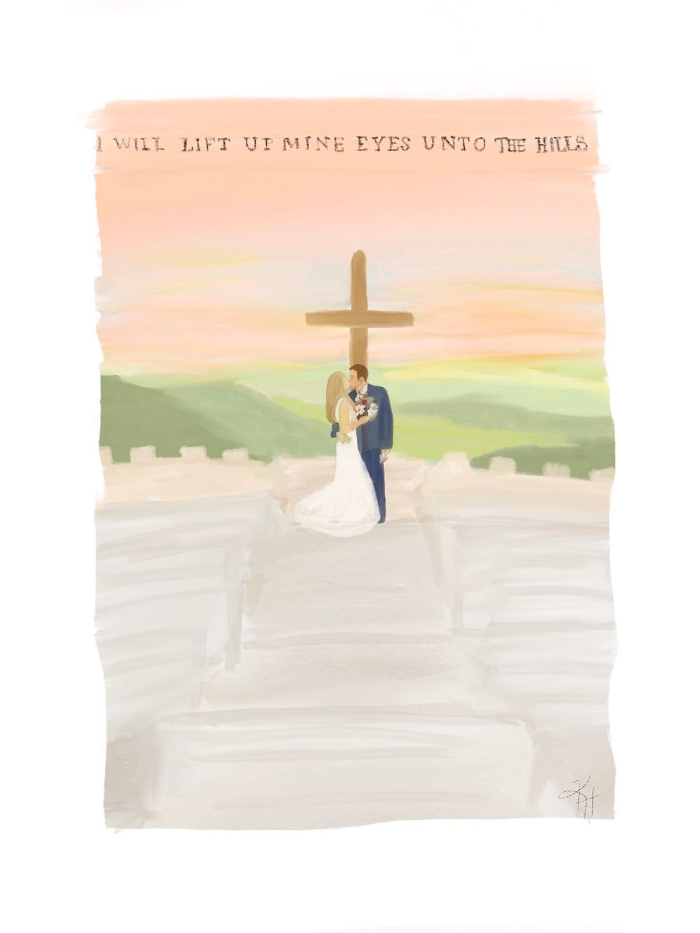 Watercolor wedding illustration with cross silhouette against sunset sky.