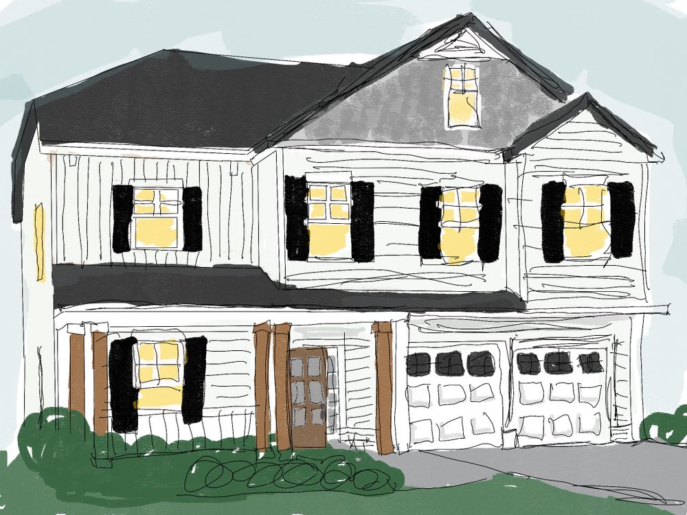 Architectural sketch of a two-story house with yellow shutters and garage.