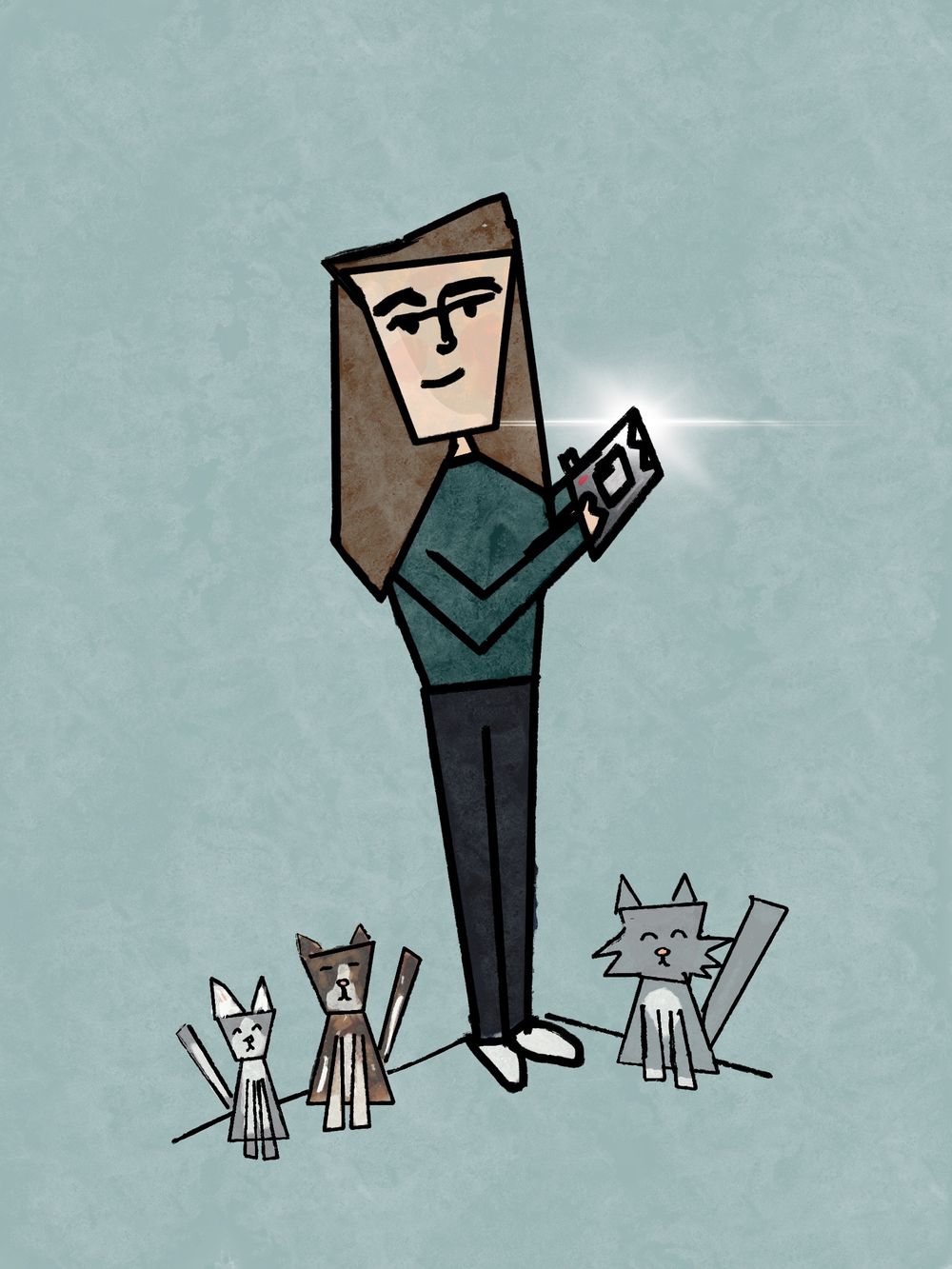 Cartoon drawing of a figure with long hair reading among cats on a blue-green background.