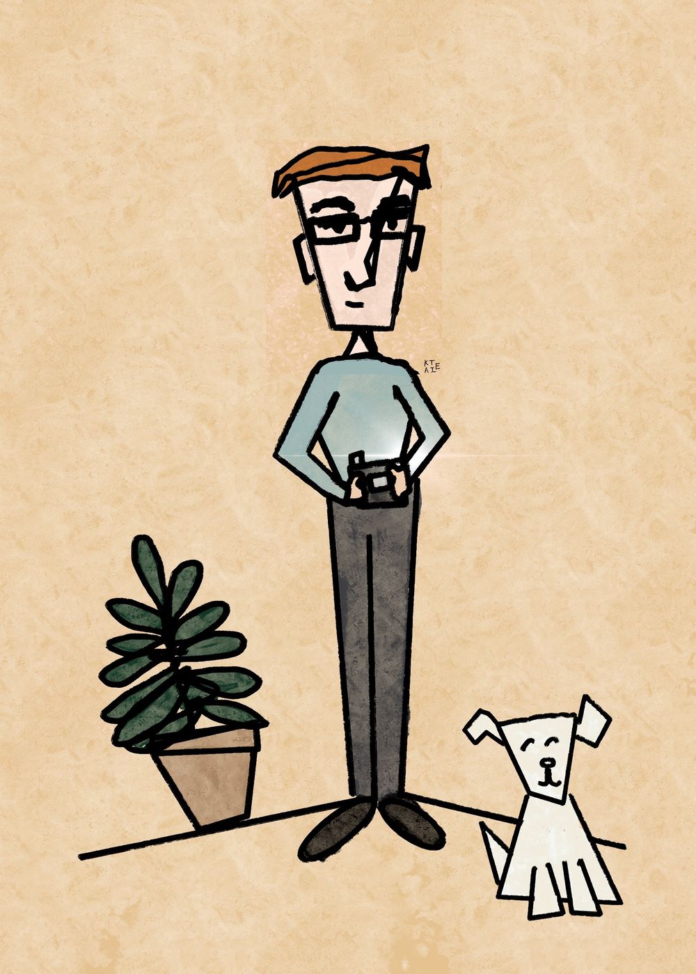 Simple line drawing of a figure with a houseplant and small white dog on beige background.