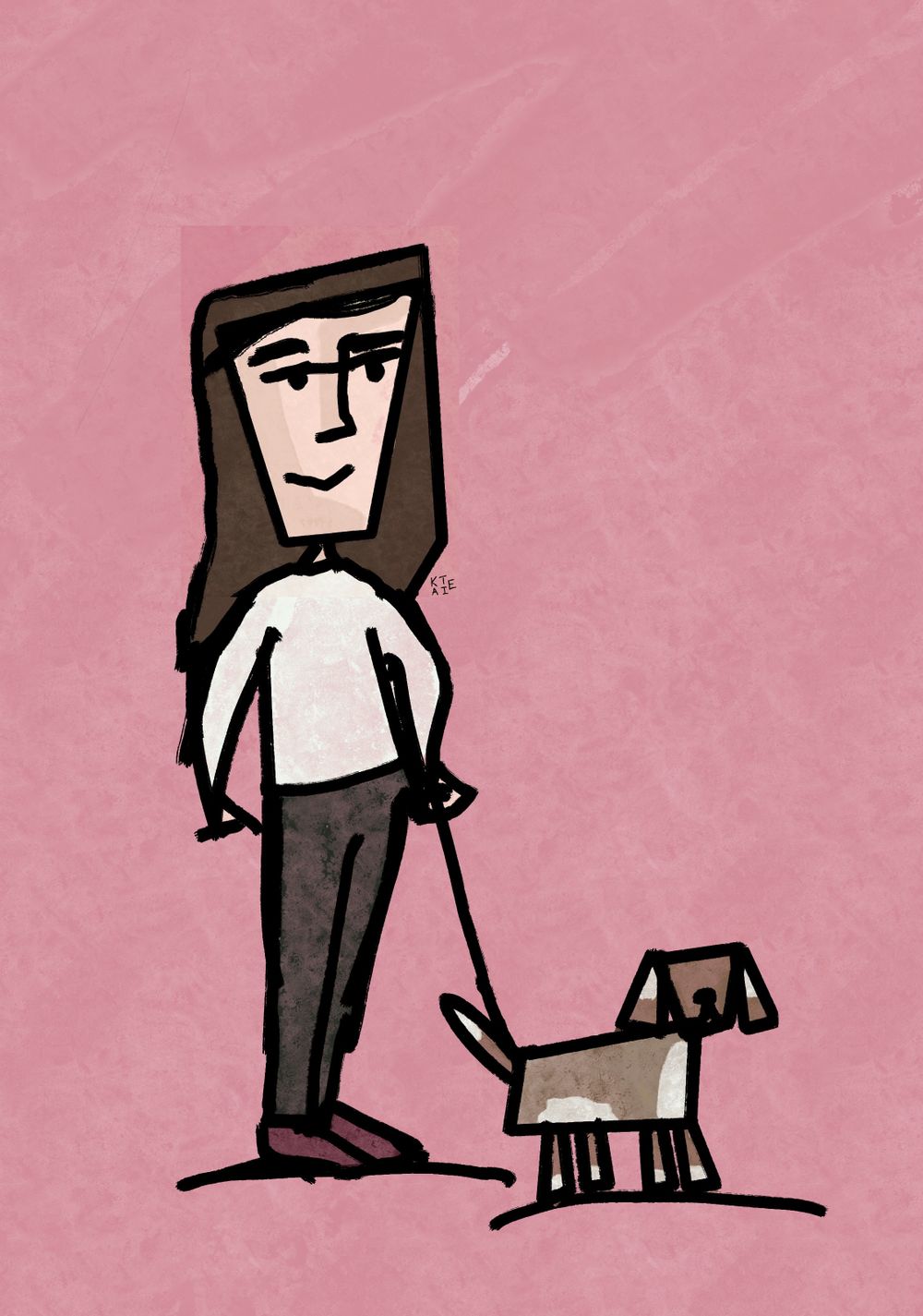 Simple cartoon illustration of a figure walking a small dog on a pink background.
