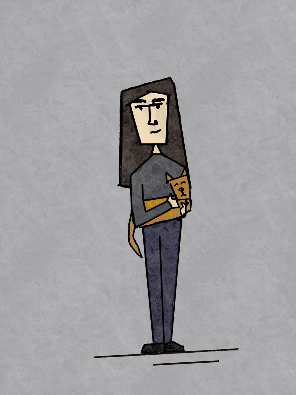 Minimalist sketch of a figure holding a cat against a gray background.