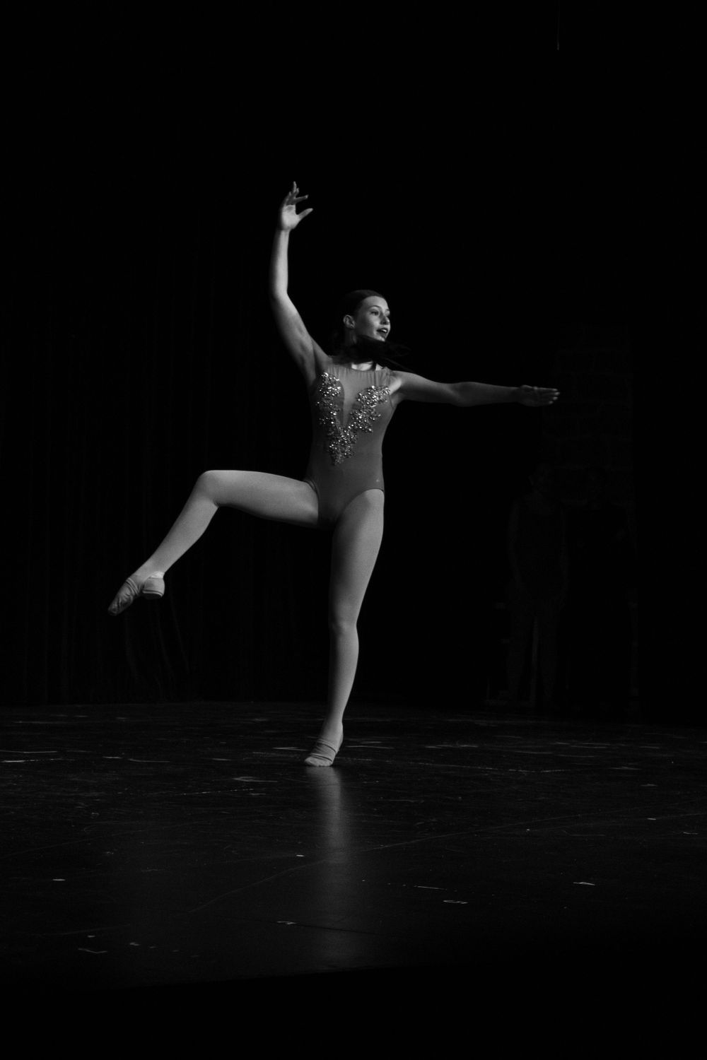 Solo dancer creates striking silhouette during dramatic performance moment.