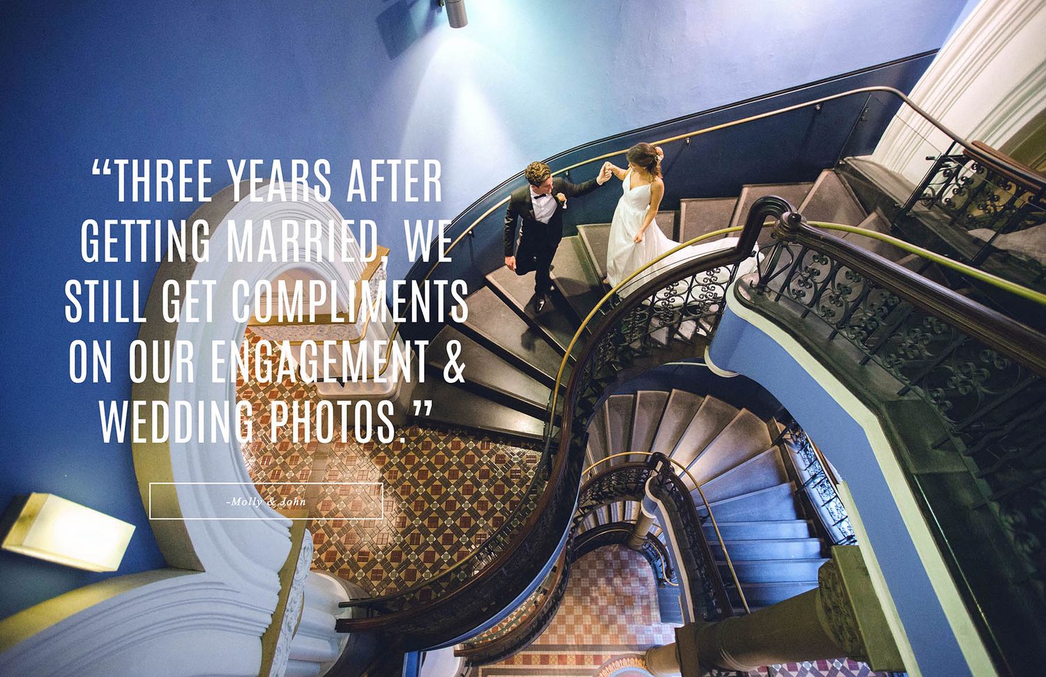 Modern website design showcasing wedding photography portfolio with blue lighting effects.