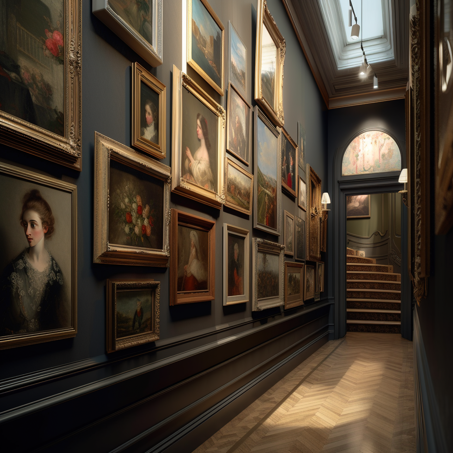 Historic gallery corridor with wooden floors and classical paintings lining the walls.