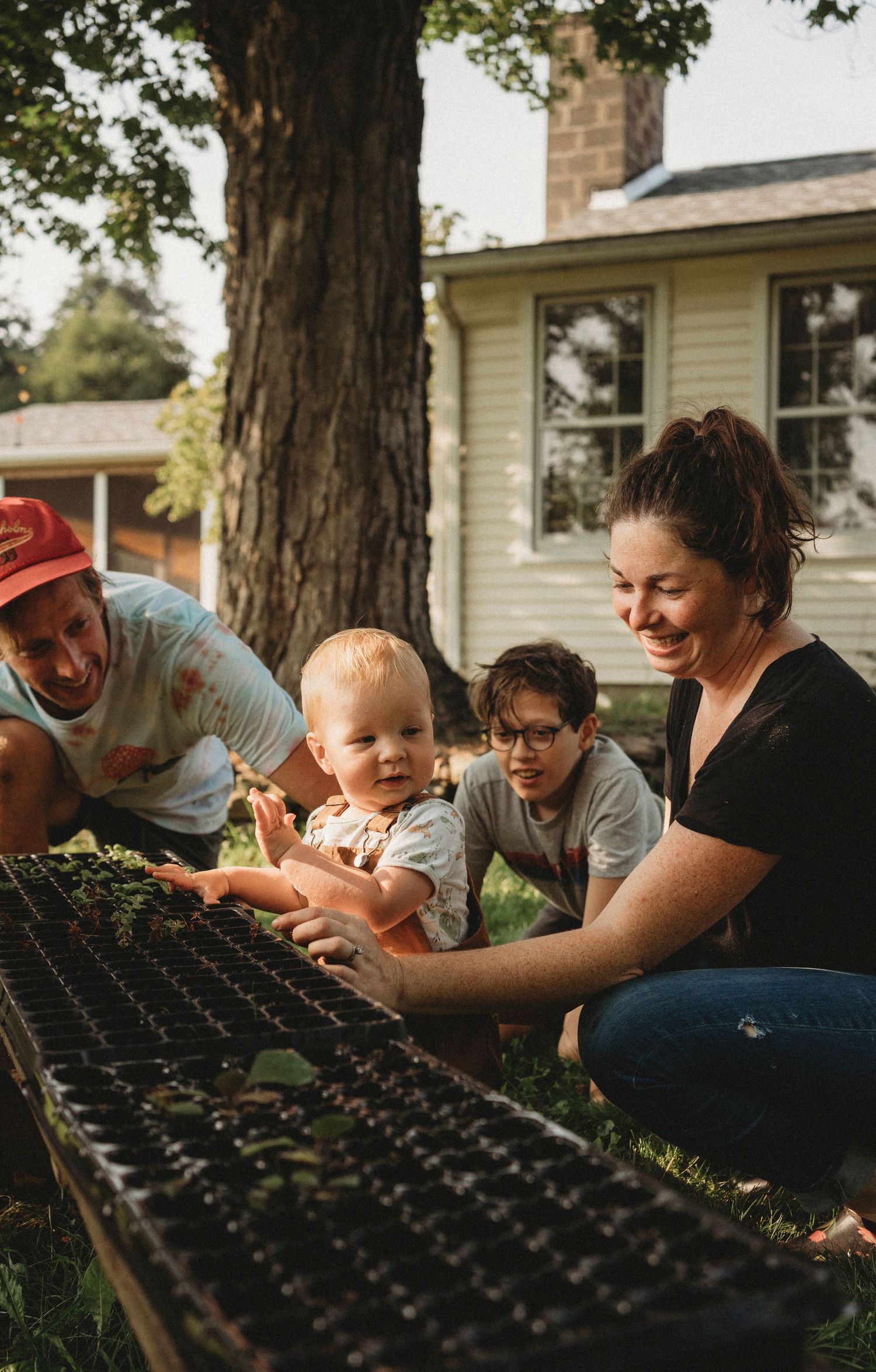 A family works together planting seedlings in garden trays outdoors.