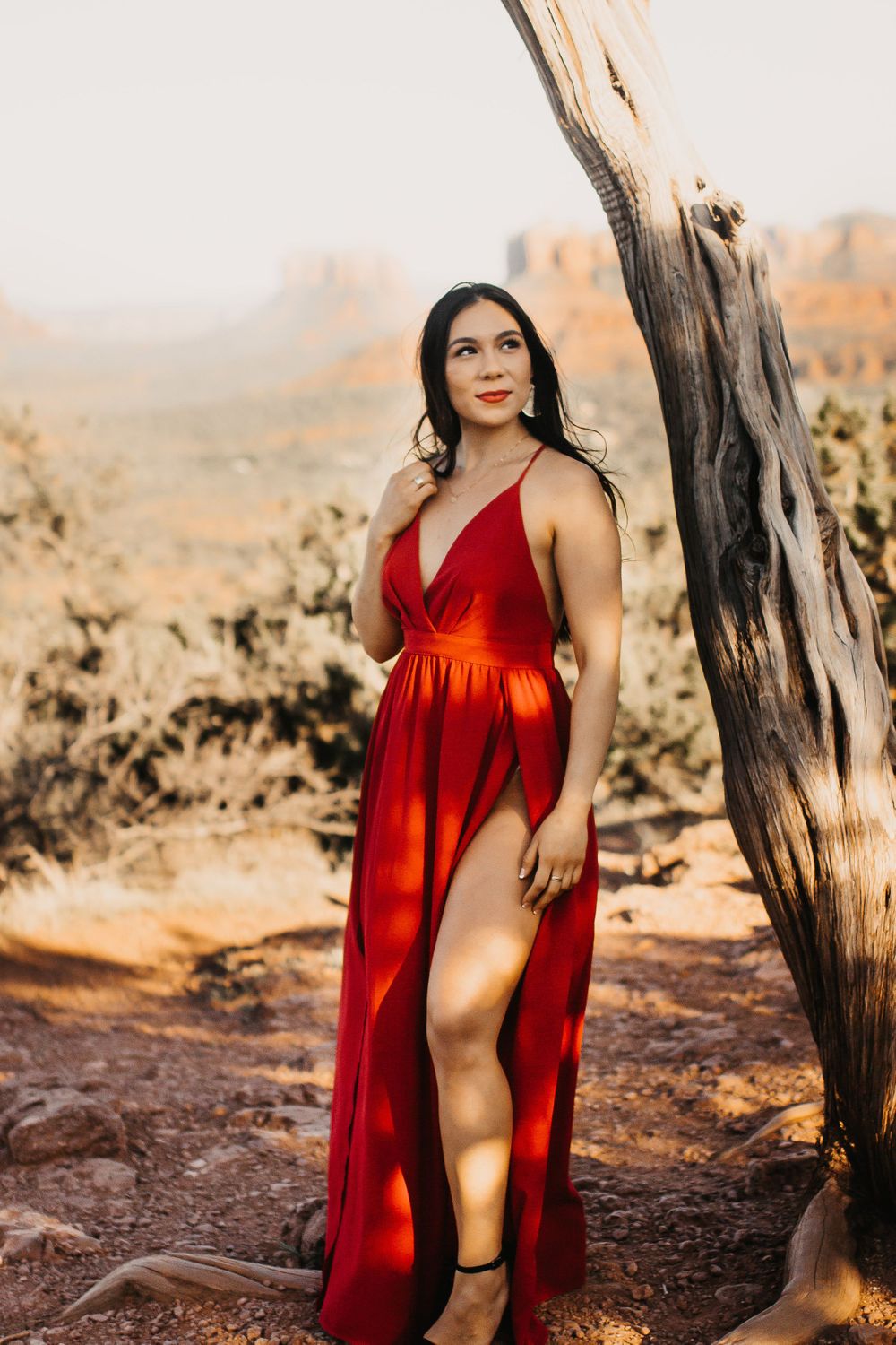 A woman in a flowing red gown poses elegantly next to a weathered tree in a desert setting.