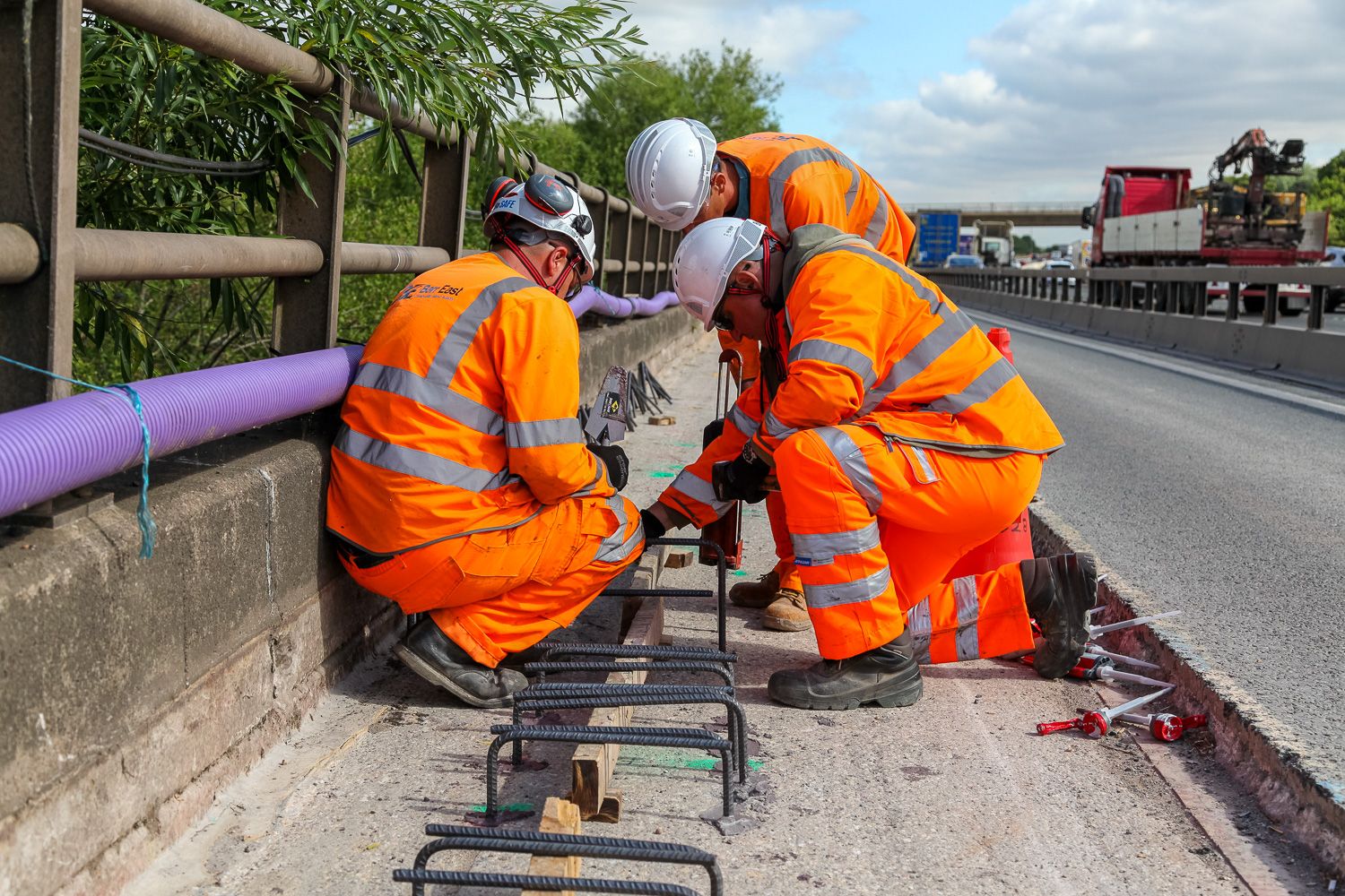 Construction photograph of Steel rebar Installation M1 Smart Motorways Bridge Decking
