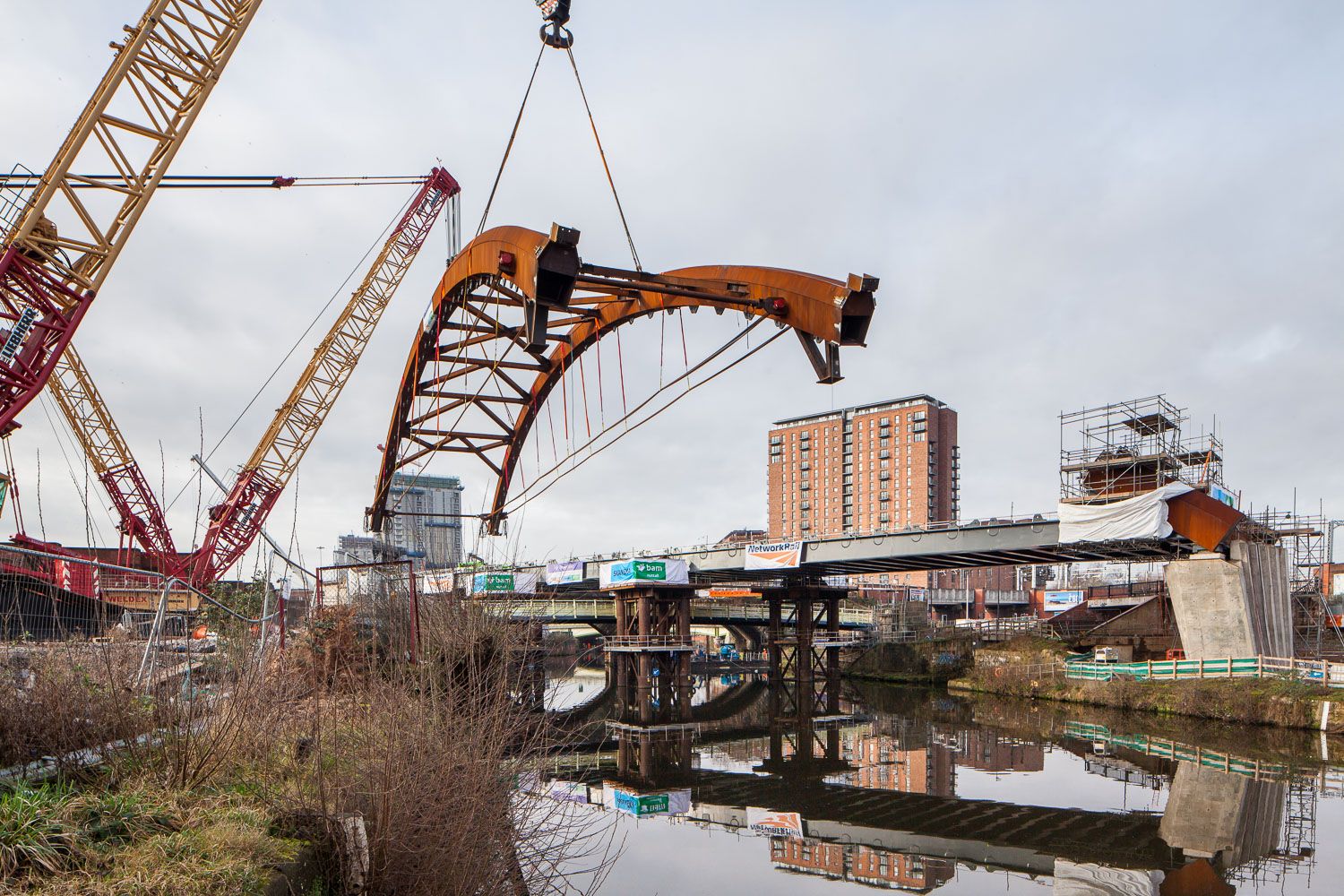 Construction photograph of Ordsall chord Bridge lift over river Irwell Salford