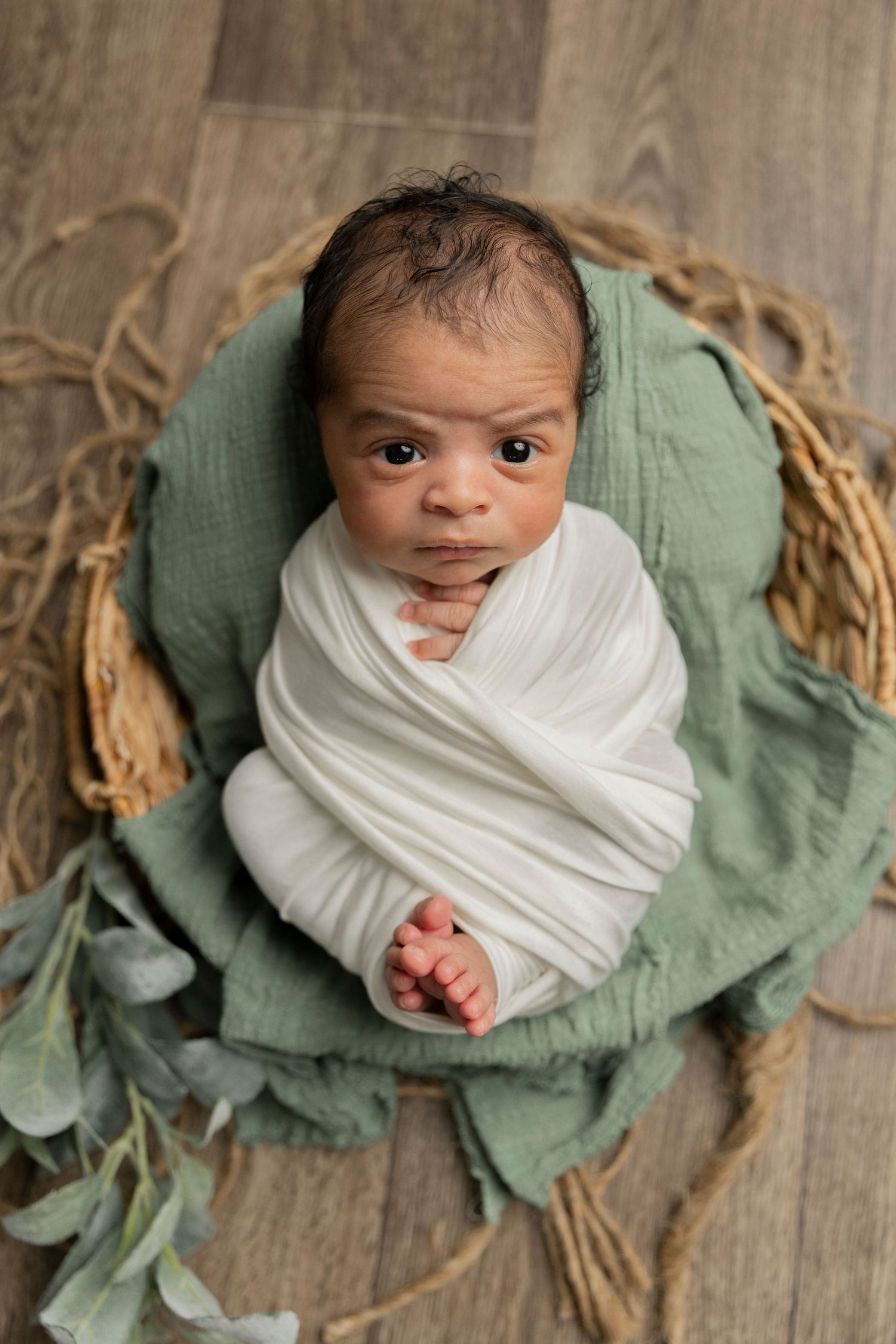 newborn baby boy wrapped in toes peeking in a white wrap in a basket by a Rochester Hills photographer