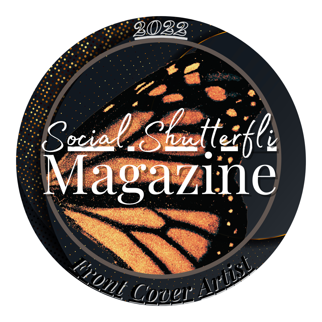 Dark themed circular badge with monarch butterfly pattern for Social Shutterfly Magazine 2022.