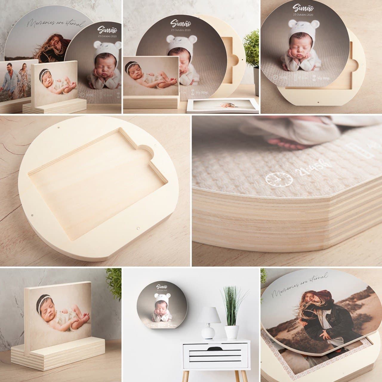 Collection of professional photo prints and packaging displayed on a white surface.