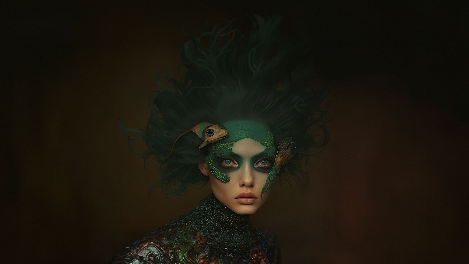 Fantasy portrait with teal hair and dramatic makeup against dark background in ethereal style.