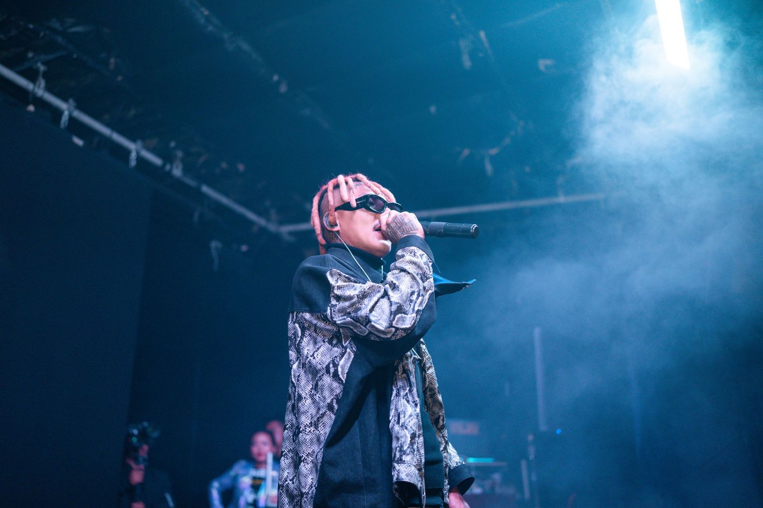 Artist performing on stage in snake print jacket amid blue atmospheric lighting and smoke.