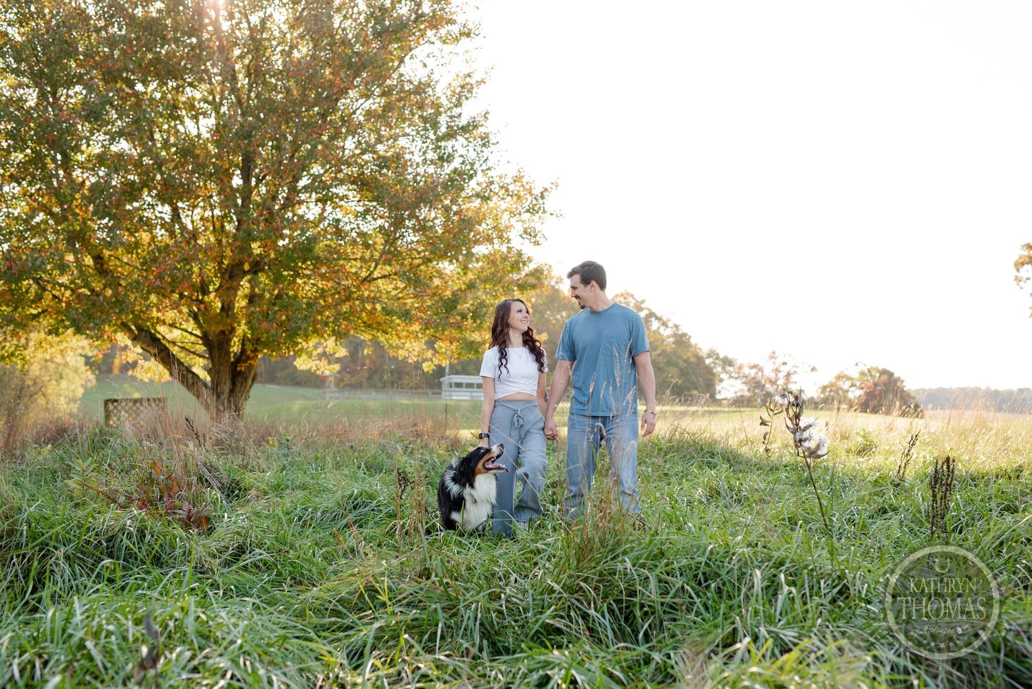 A couple walks with their Border Collie in a sunlit field during golden hour.