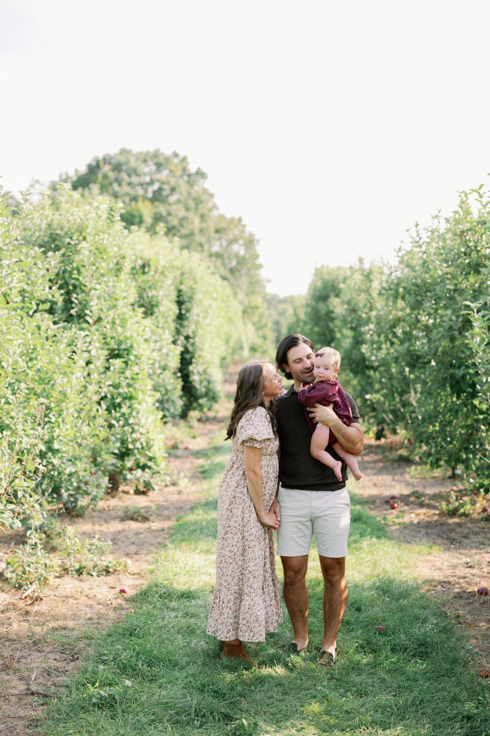 A family enjoys a sunny afternoon together while walking through rows of blueberry bushes at a berry farm.