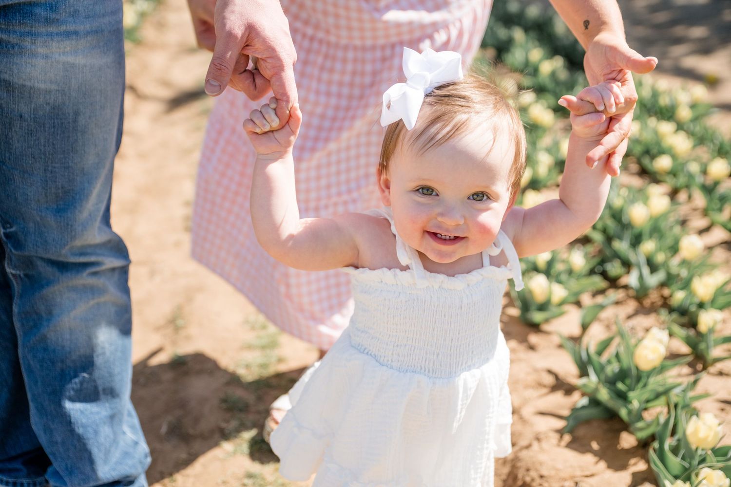 A small child in a white dress takes first steps while holding hands with adults in a sunny garden.