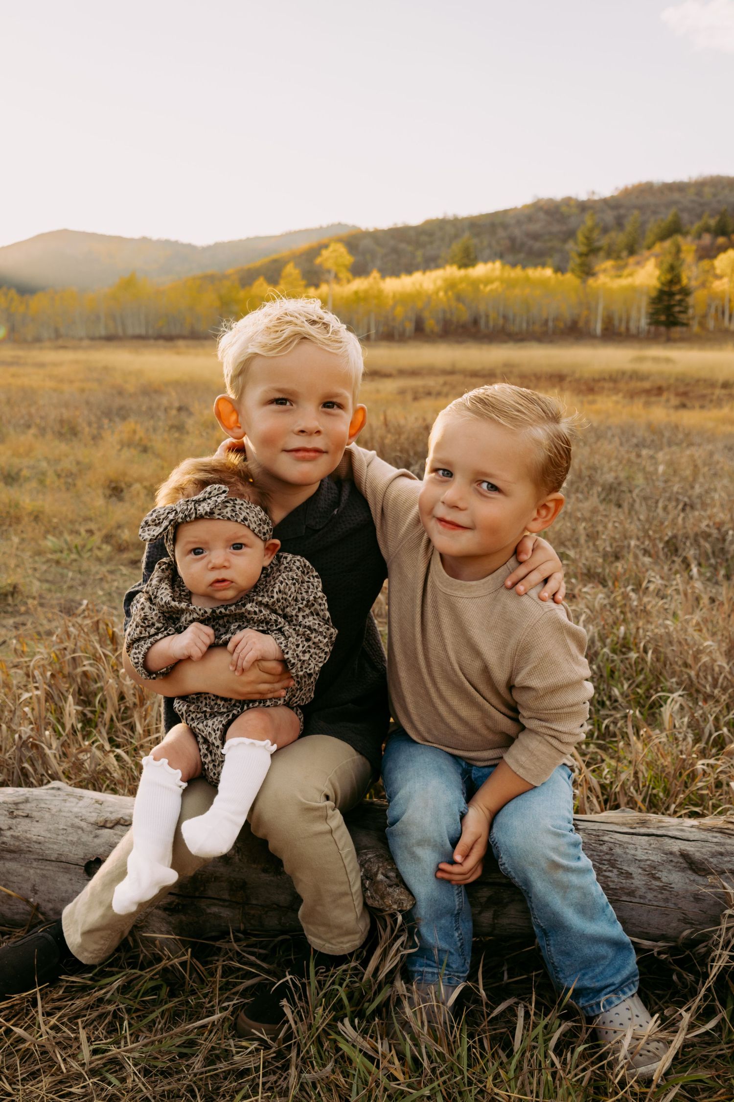 Three children sitting on fallen log in autumn field with mountain backdrop.