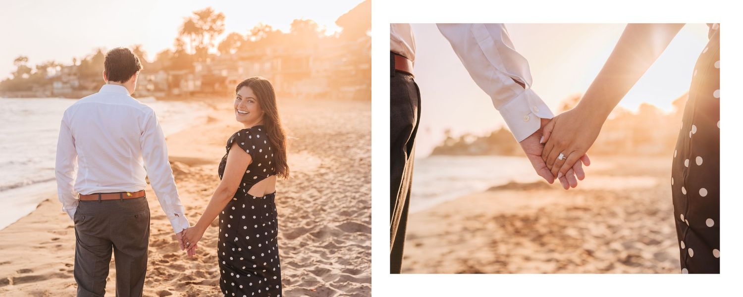 Romantic beach engagement photos at golden hour showing couple holding hands.
