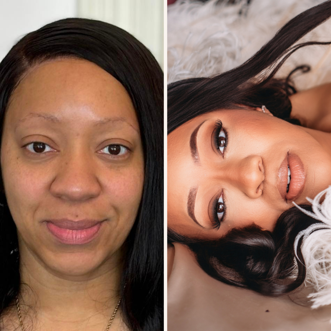 Before and after photo of a boudoir client in cape girardeau studio that shows her face natural and then after her professional makeup.
