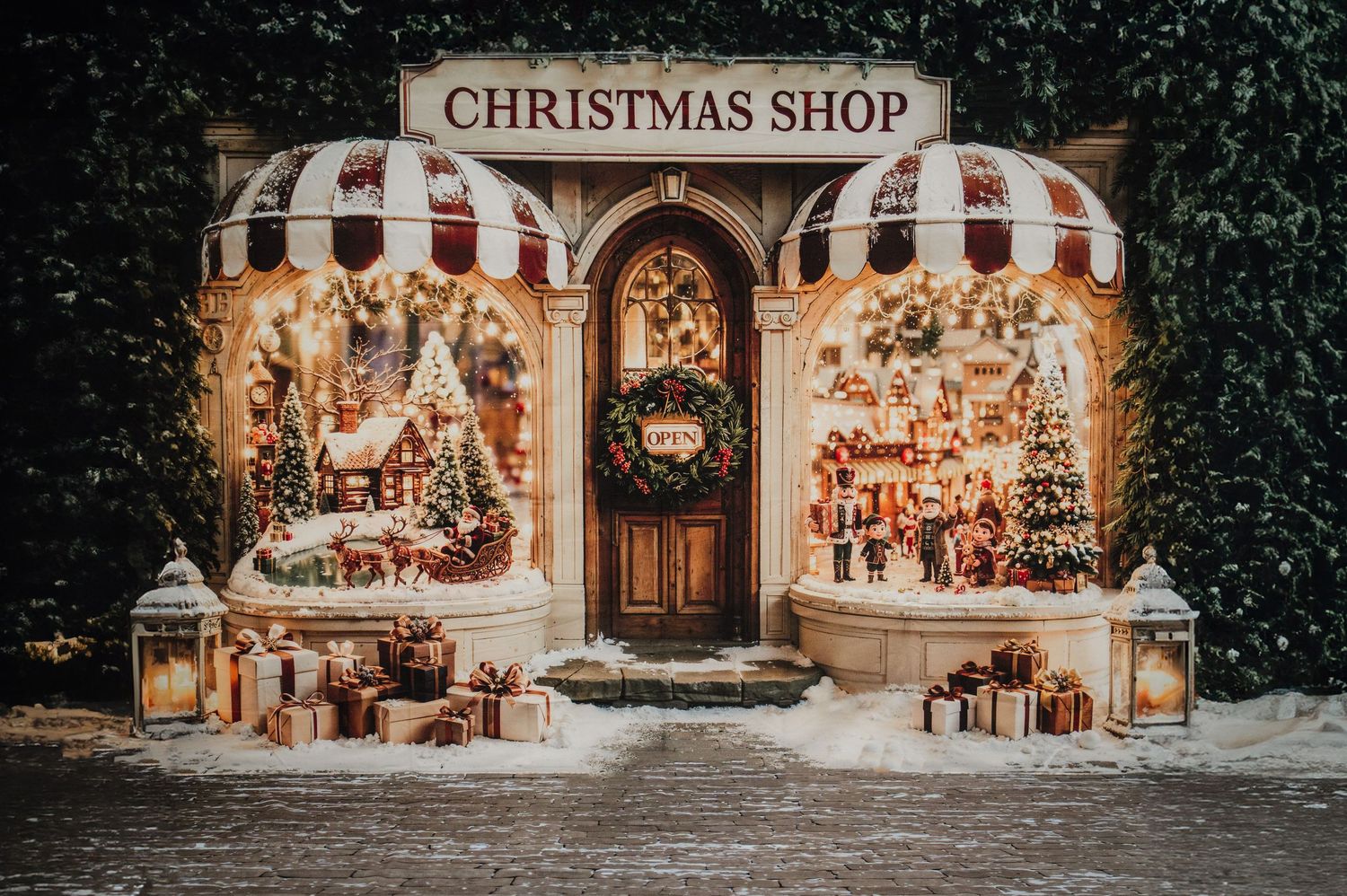 Festive Christmas shop storefront with glowing windows, snowy displays, wrapped gifts, and a wreath-adorned door under striped awnings.