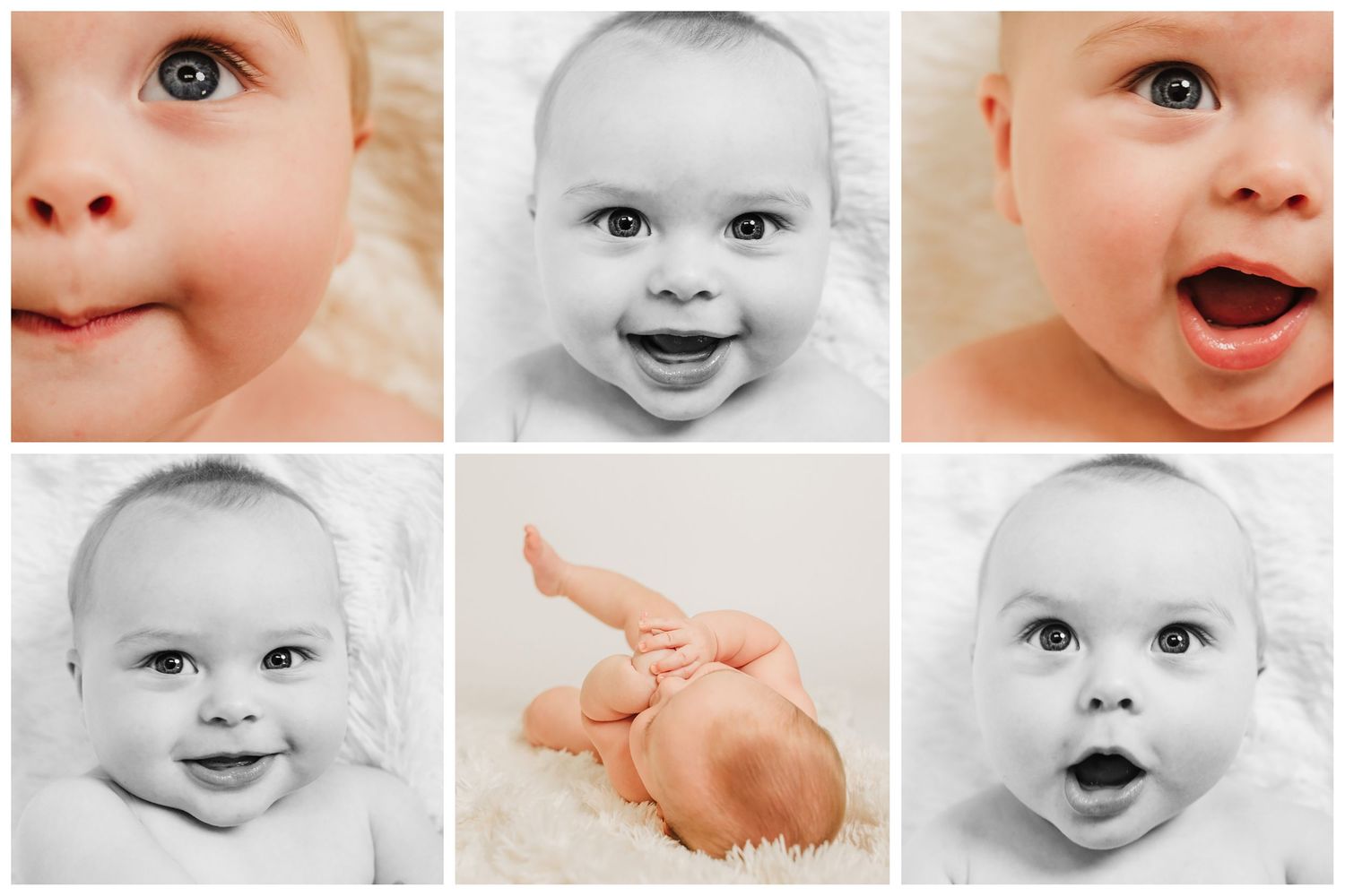 A collage of black and white and color close-up baby portraits showing various facial expressions and features.