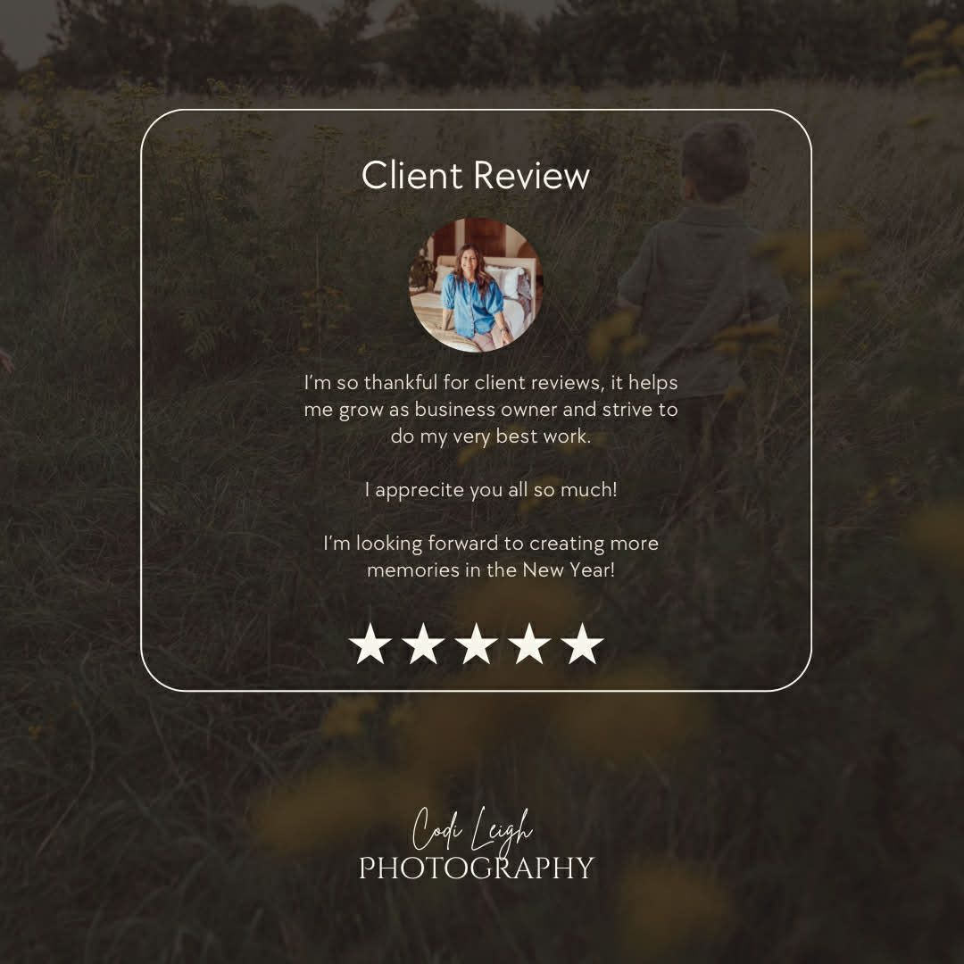 Photography website design mockup showing client review section with 5-star rating and dark background.