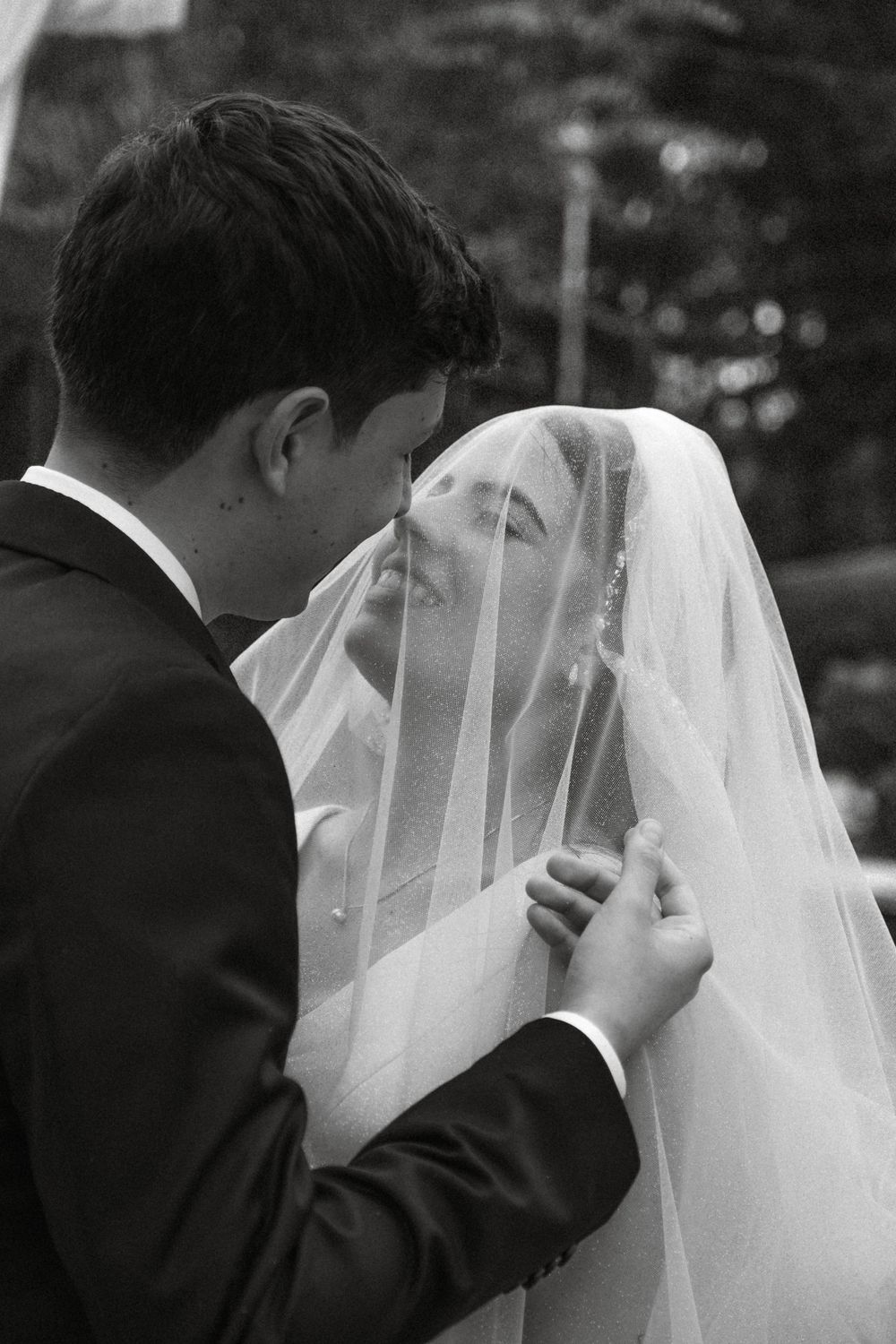 A sequence of romantic wedding photos showing a couple kissing through a white bridal veil.