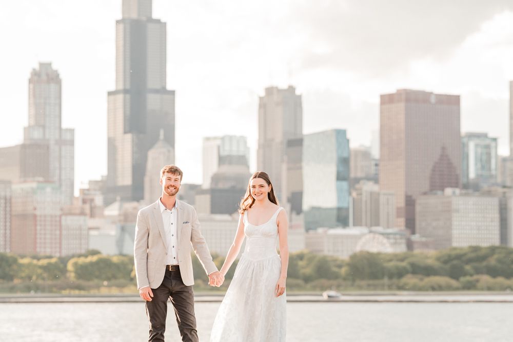 Chicago engagement session with the skyline at the Planetarium.