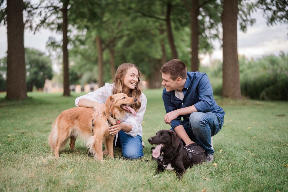 Engaged couple with their dogs.