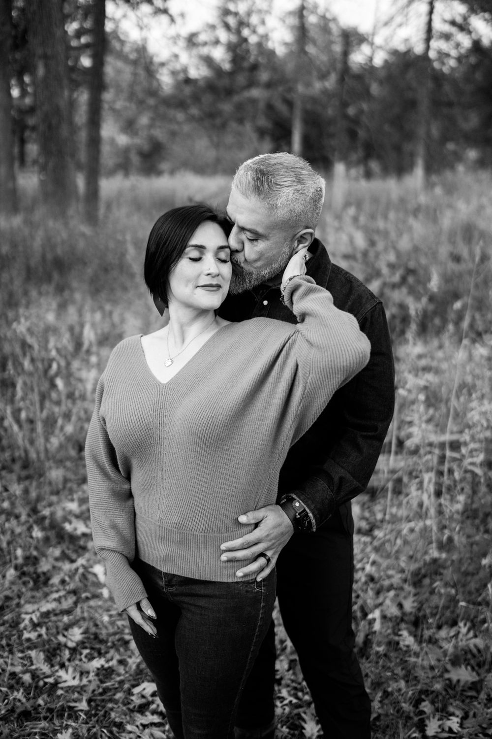 Black and white portrait during engagement session in Downers Grove, Illinois.