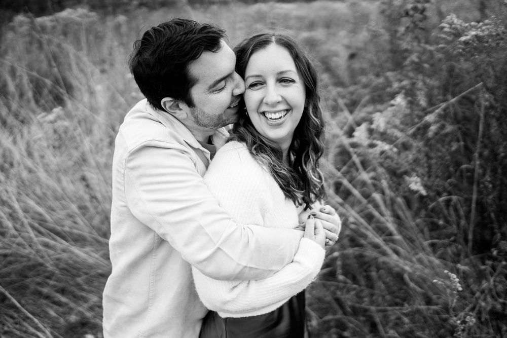 Black and white portrait of engaged couple at Lake Katherine in Palos, Illinois.