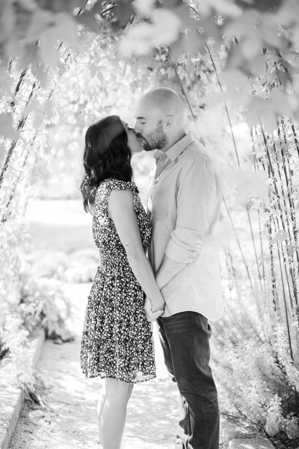 Black and white engagement photos at Cantigny Park in Wheaton, Illinois.