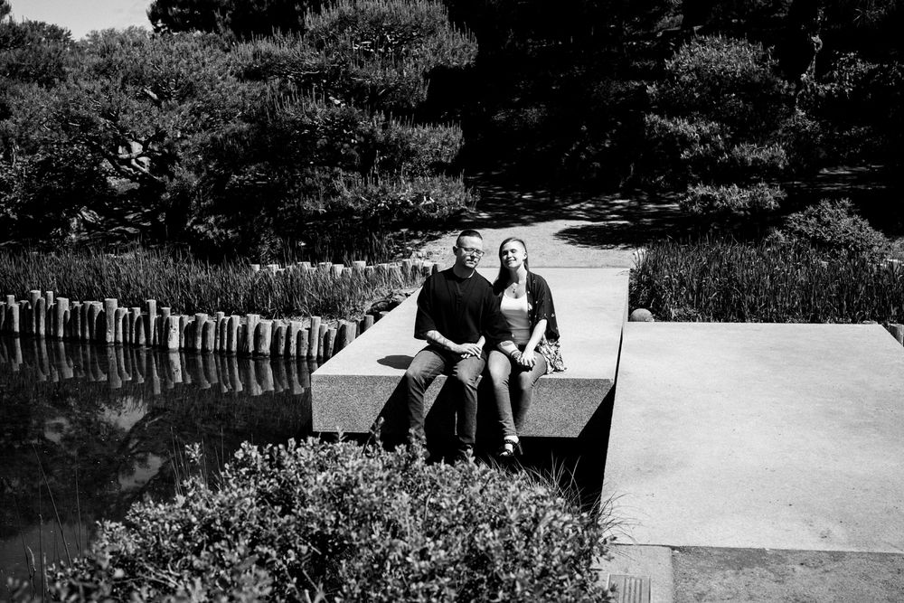 Black and white engagement photos in Chicago Botanic Gardens in Glencoe, Illinois.