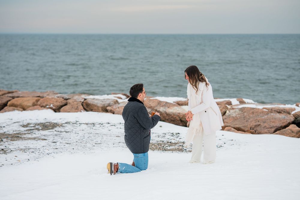 A series of winter beach photos showing people enjoying snowy shores against a blue ocean backdrop.