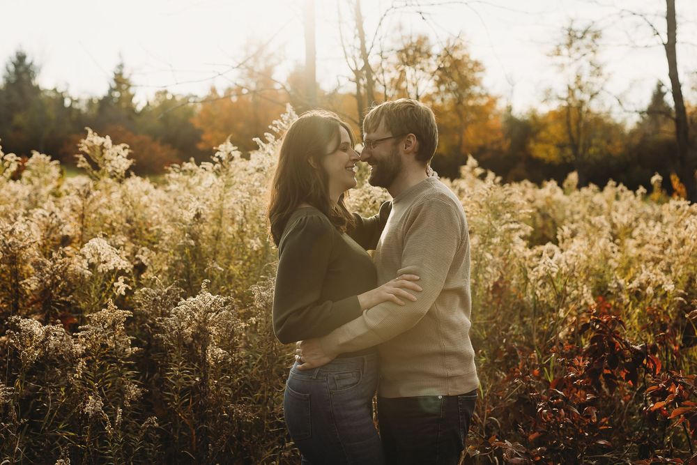 A romantic couple embraces in a golden sunlit meadow during autumn at sunset.