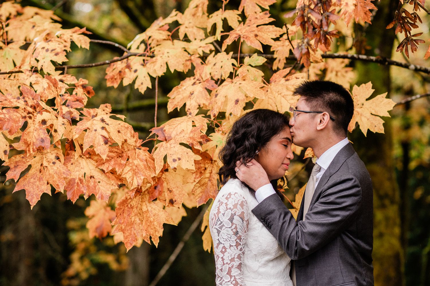 Couple embraces under golden autumn maple leaves during Bainbridge Island Elopement