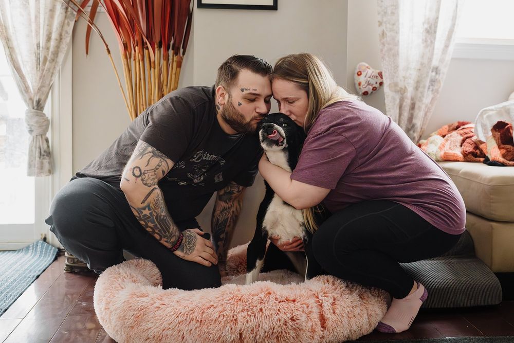 Tattooed man and woman sharing a tender moment with their black and white dog on a pink pet bed.
