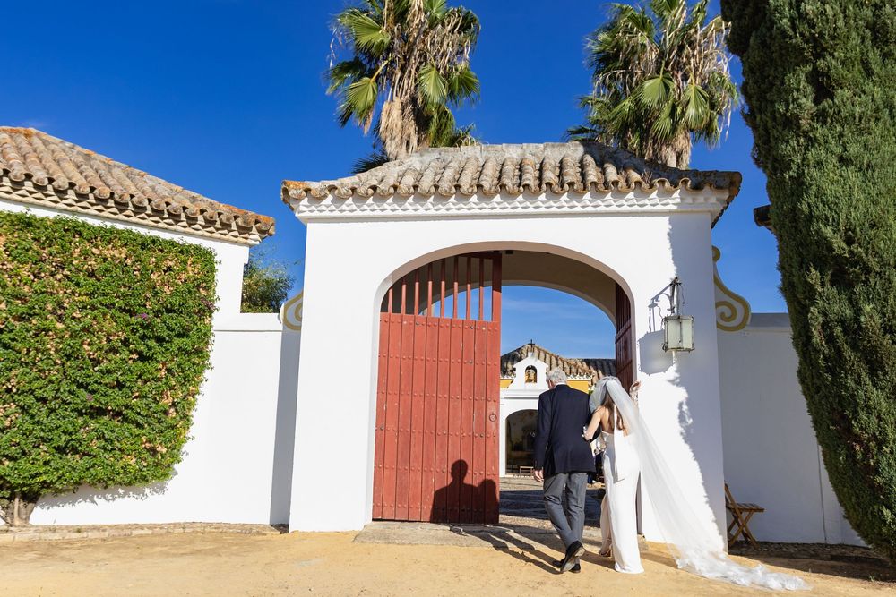 A person stands by a white Spanish-style entrance gate with terracotta doors and palm trees against a blue sky.