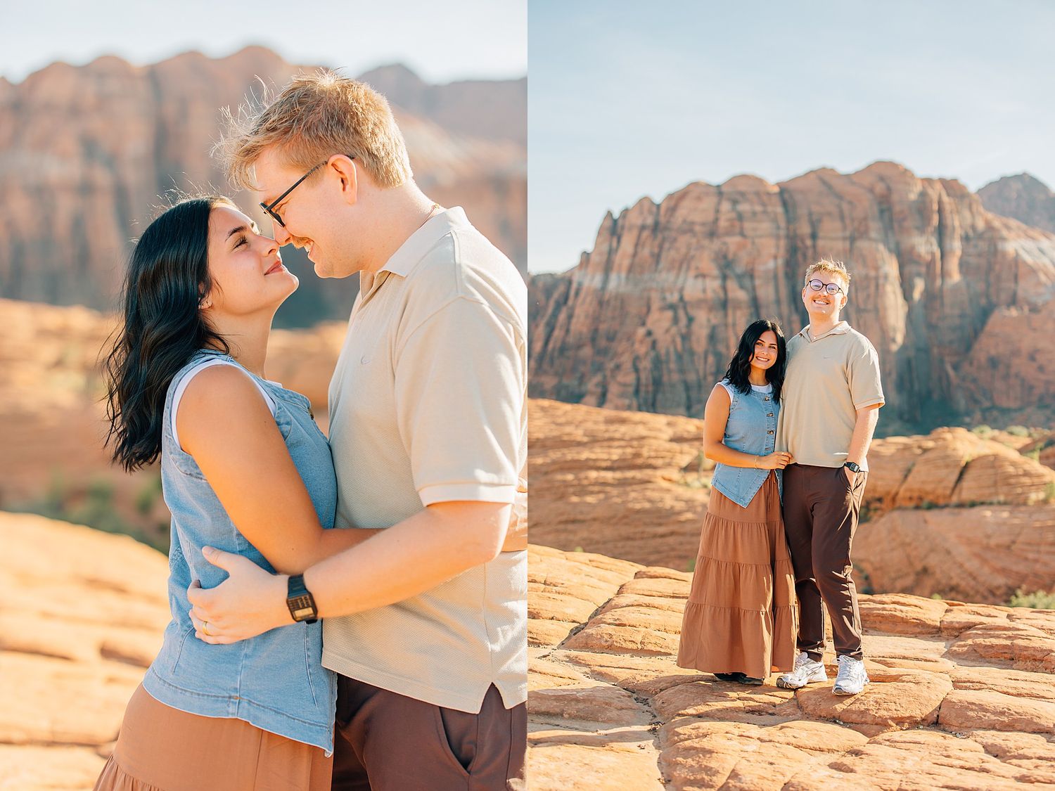A romantic couple embraces against the stunning backdrop of red rock formations in a desert landscape at sunset.