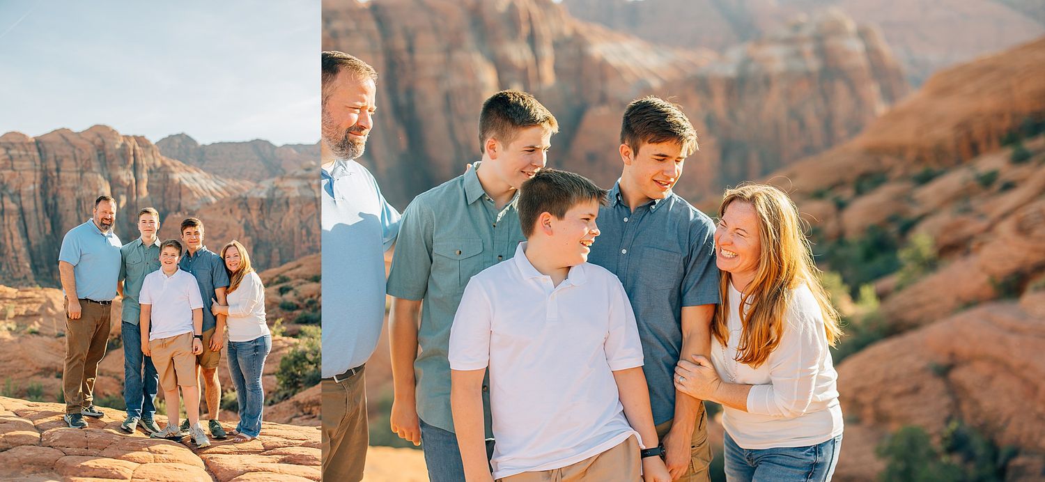 Group enjoys scenic views and outdoor activities among dramatic red rock formations at sunset in desert landscape.