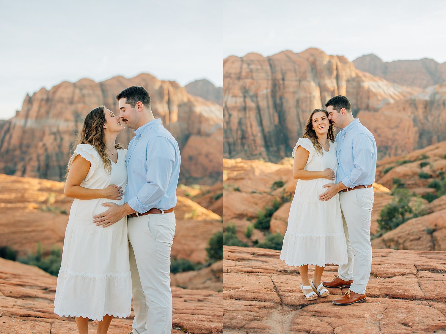 Happy pair dancing and embracing on red sandstone cliffs with desert mountain backdrop.