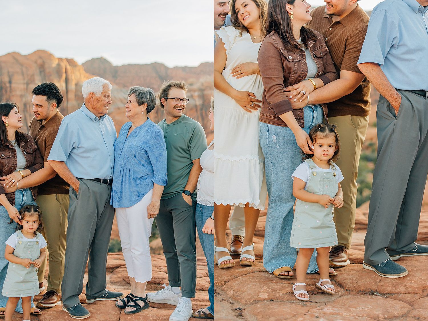 A multi-generational family gathering outdoors against a scenic desert mountain backdrop at sunset.
