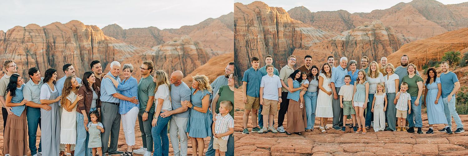 Family gathering poses for photos with desert canyon cliffs and rock formations as a dramatic natural backdrop.