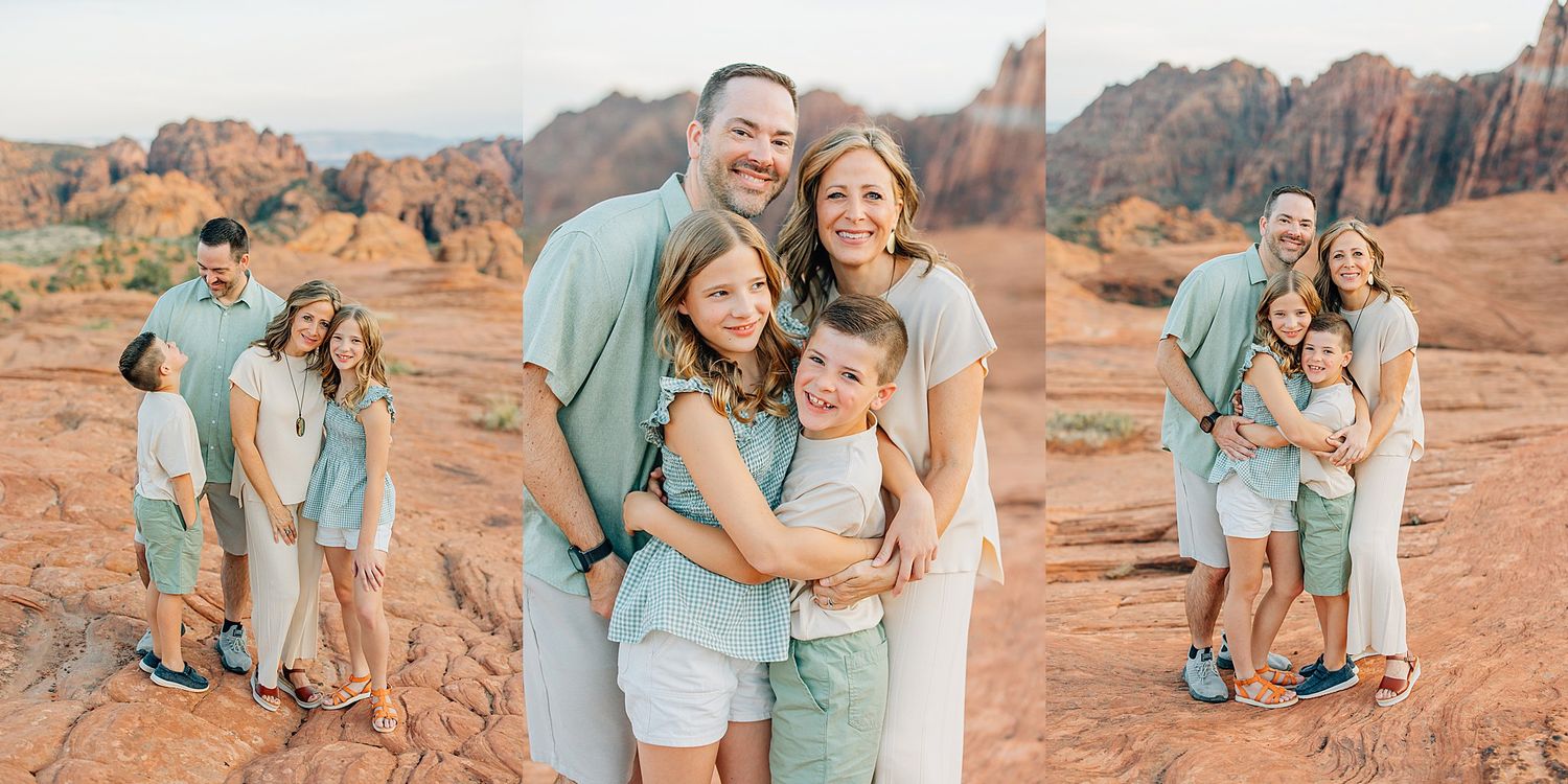 Multiple candid moments captured of people interacting in a scenic desert setting with red rock formations.